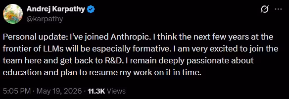 Андрей Карпати переходит в Anthropic — звёздный трансфер в мире искусственного интеллекта Андрей Карпати переходит в Anthropic — звёздный трансфер в мире искусственного интеллекта