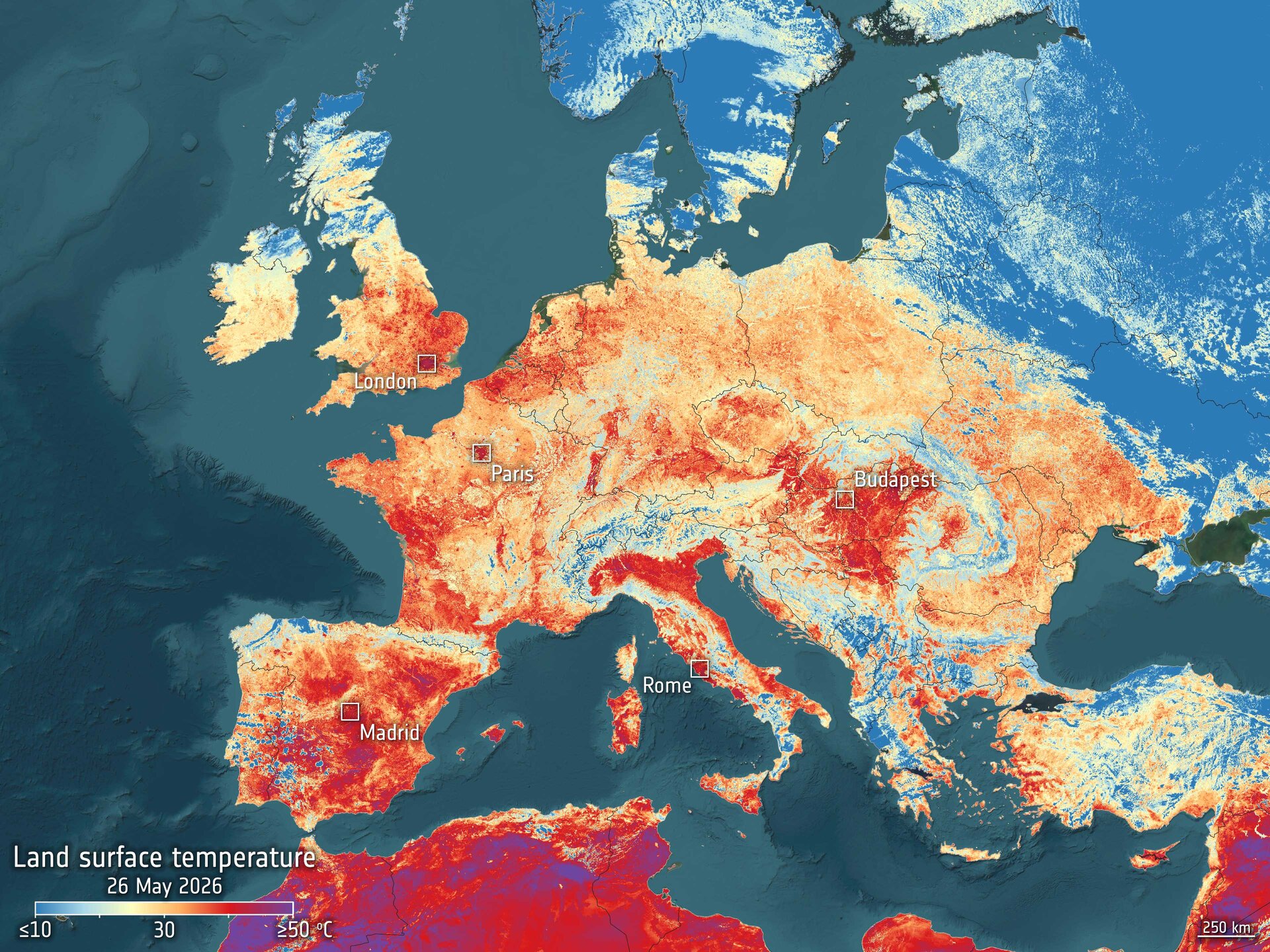 Европейская жара: спутник Sentinel-3 зафиксировал аномальный нагрев поверхности