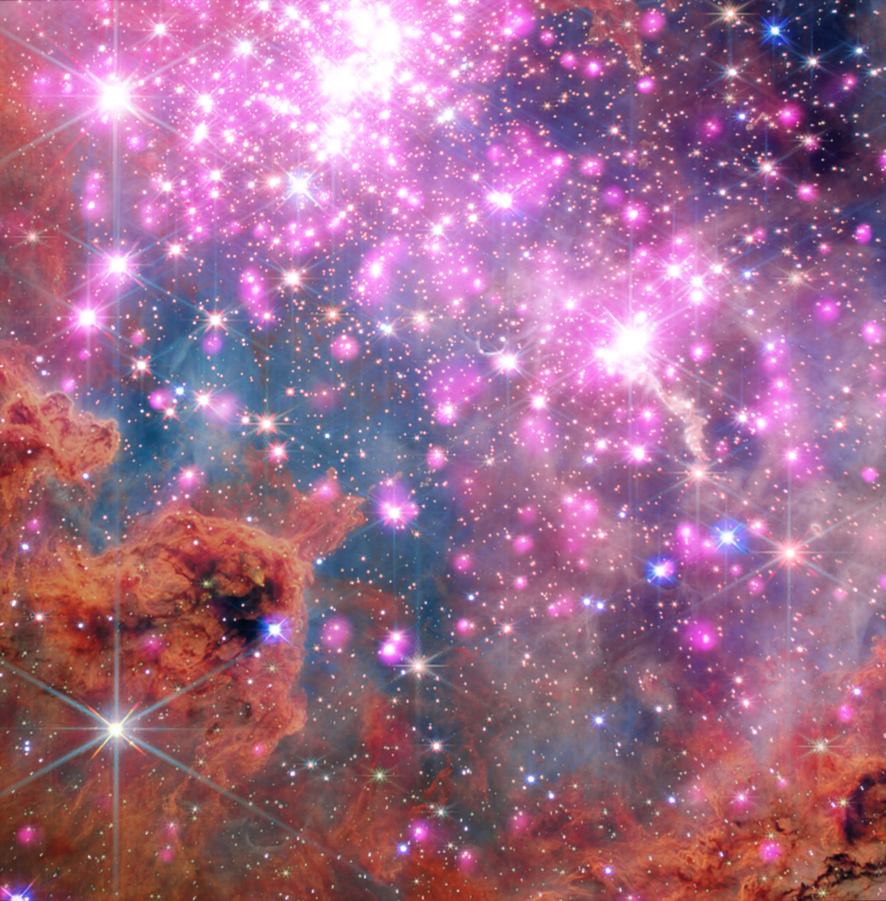Слияние данных Chandra и JWST показало звездное скопление Вестерлунд 2 в розовых тонах