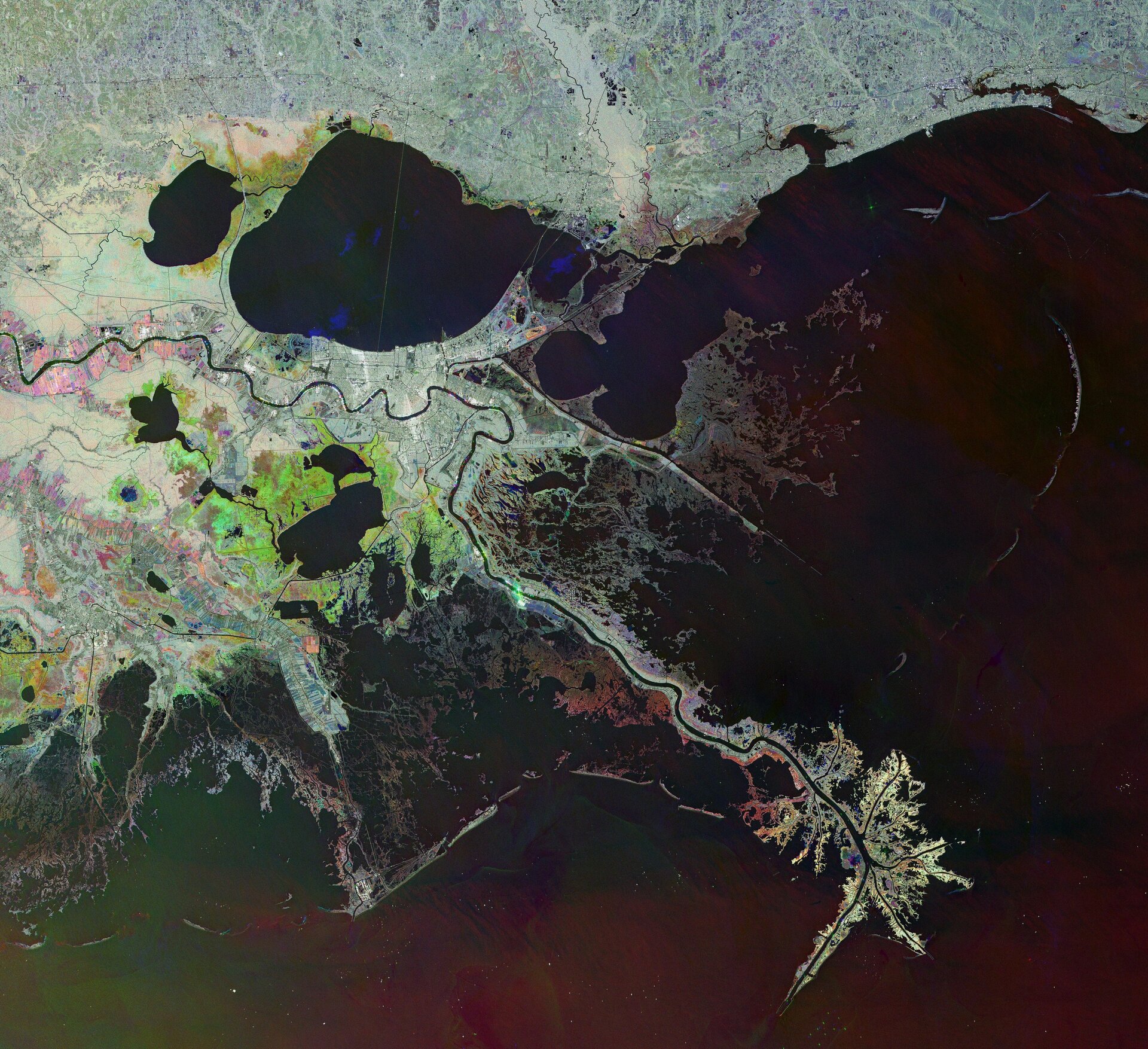 Спутник Sentinel-1 показал Новый Орлеан и дельту Миссисипи в деталях